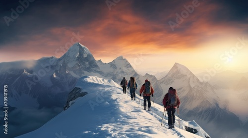 Group of hikers on snowy mountain pick at winter photo