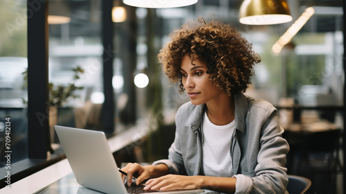 Curly-haired businesswoman sitting at a desk and working on a laptop computer. Smiling successful African American woman on Blurred background 