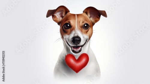 Happy cute small dog with red heart on white background celebrating Valentine day. Valentine's day, birthday, mother's, women's day, holidays concept. © JuliaDorian