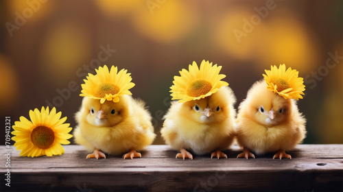 three cute little yellow chicks wearing flower hats on a blurred background.Happy Easter Spring background with copy space.  photo
