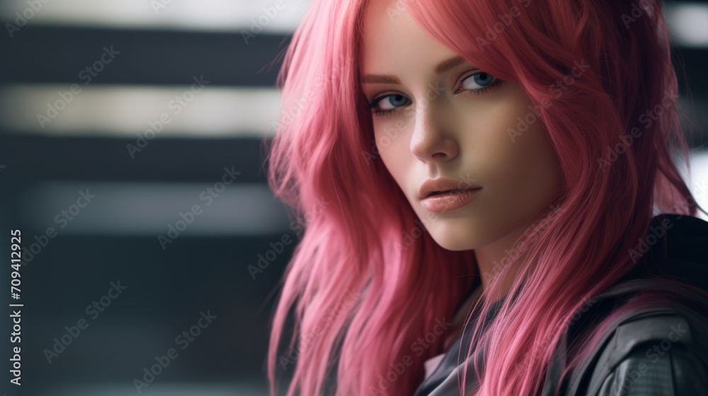 Naklejka premium Photorealistic Adult White Woman with Pink Straight Hair Futuristic Illustration. Portrait of a person in cyberpunk style. Cyberspace Ai Generated Horizontal Illustration.