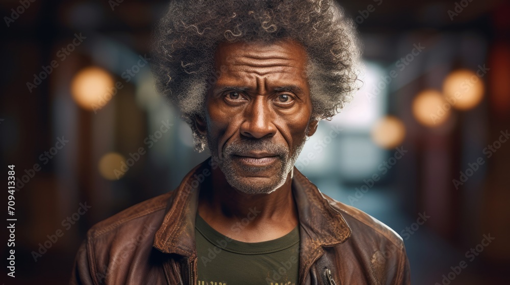 Photorealistic Old Black Man with Brown Curly Hair Futuristic Illustration. Portrait of a person in cyberpunk style. Cyberspace Ai Generated Horizontal Illustration.