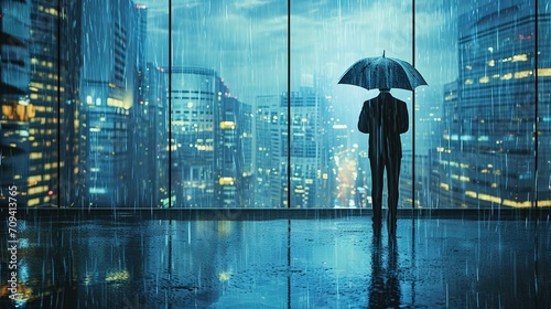 business insurance corporate risk malmanagement concept businessman with umbrella standing in rain in urban city landscape. generative ai photo