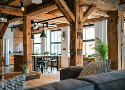Exposed wooden beams and industrial-inspired elements in a modern living area. Interior design of a loft-style space with a close-up view, featuring a perfect blend of urban and natural elements.