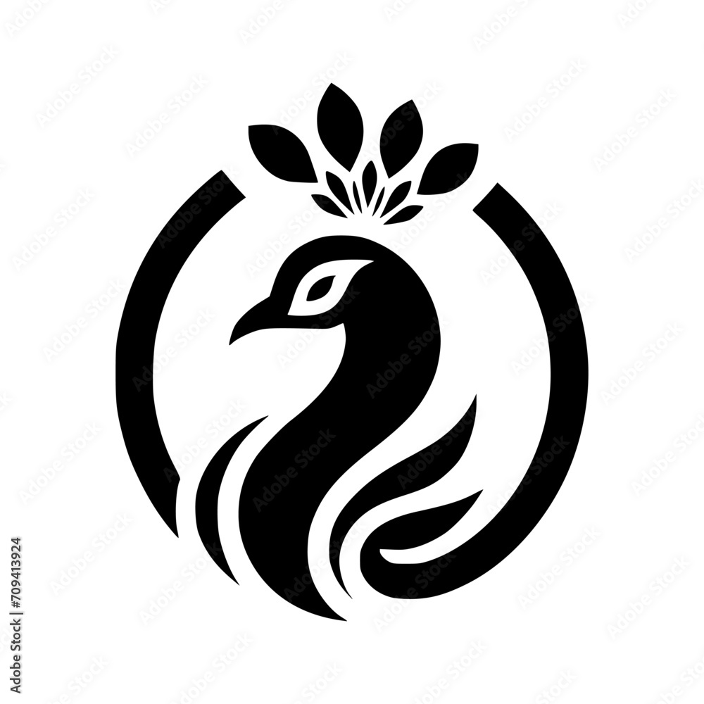 Black and white professional logo of a peacock. Silhouette illustration of a peacock. vector logo for emblem, watermark, tattoo.