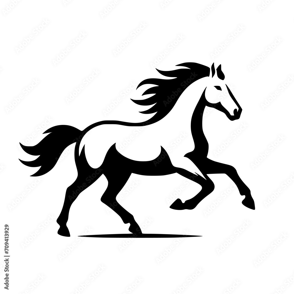 Vector logo of a running horse. black and white professional logo of a horse. can be used a logo, watermark, or emblem.