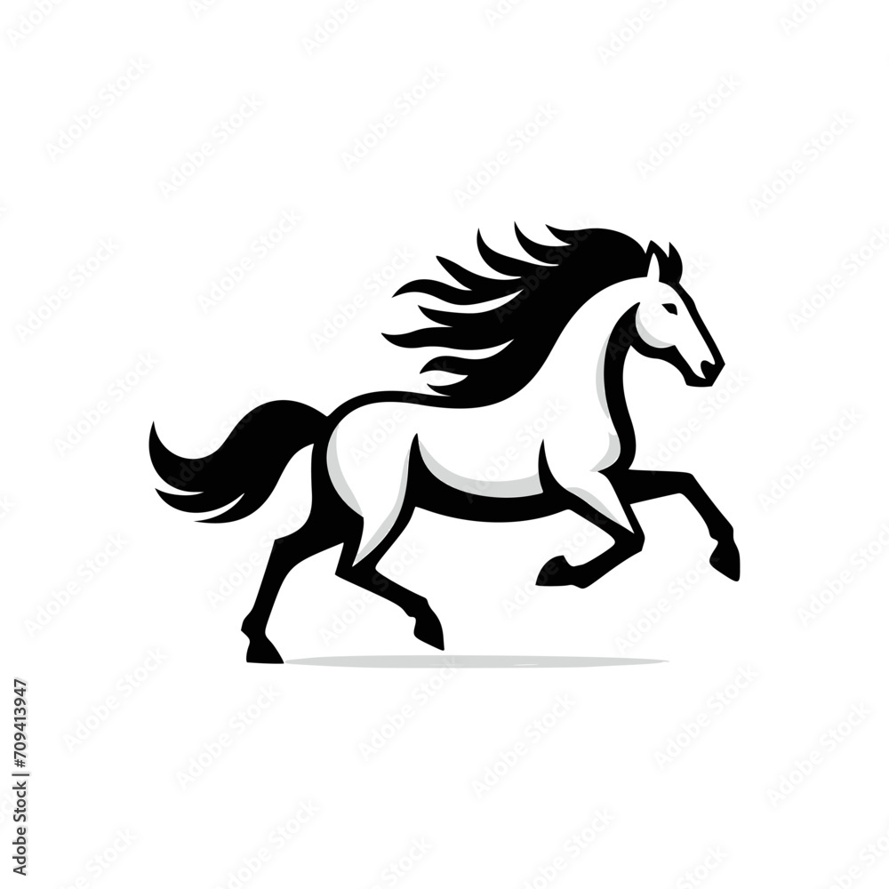 Vector logo of a running horse. black and white professional logo of a horse. can be used a logo, watermark, or emblem.