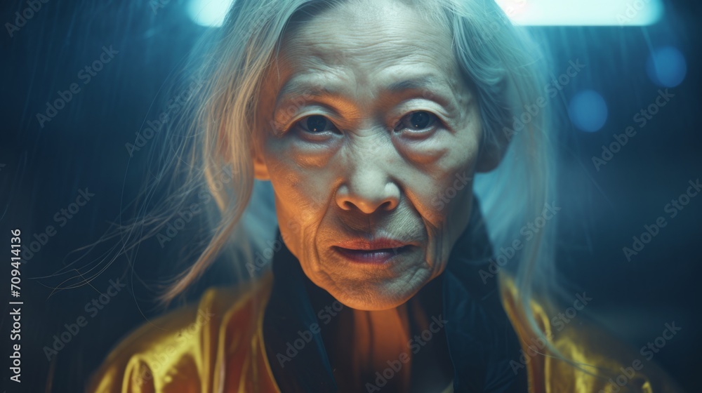 Photorealistic Old Chinese Woman with Blond Straight Hair Futuristic Illustration. Portrait of a person in cyberpunk style. Cyberspace Ai Generated Horizontal Illustration. Photorealistic Old Chinese Woman with Blond Straight Hair Futuristic Illustration. Portrait of a person in cyberpunk style. Cyberspace Ai Generated Horizontal Illustration.
