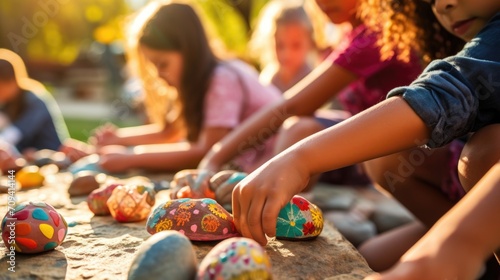 Closeup of a group of children diligently painting rocks for a community rock garden project. photo