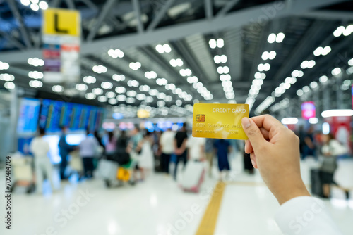 Tourist woman showing credit card or travel card for convenient travel Make shopping easy enjoy lifestyle travel city at shopping street on holiday vacation in Japan photo