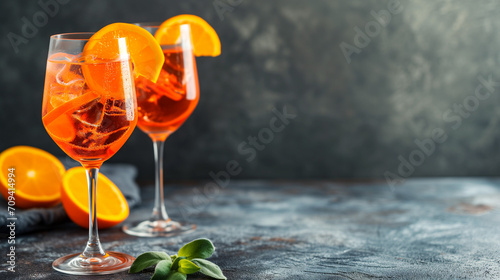 Aperol Spritz,  Aperol and Prosecco, served in a wine glass with an orange slice, Italian aperitivo