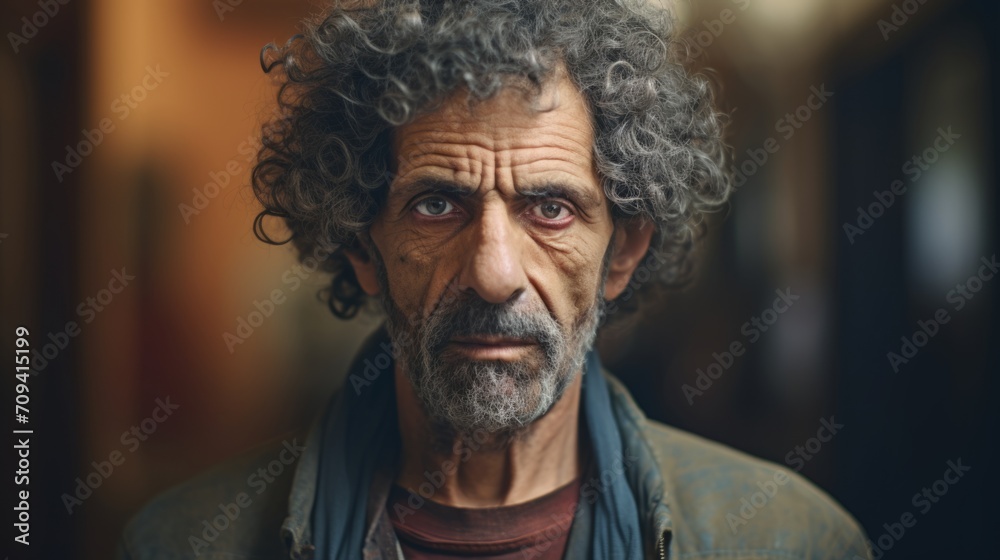 Photorealistic Old Latino Man with Brown Curly Hair Futuristic Illustration. Portrait of a person in cyberpunk style. Cyberspace Ai Generated Horizontal Illustration.