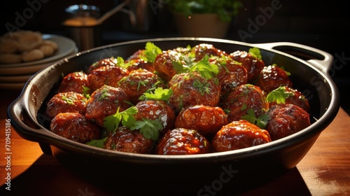 meatballs with melted tomato sauce on a bowl with a black and blur background