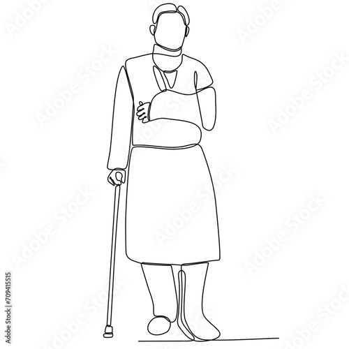 One line drawing of man with broken arm wearing arm splint isolated on white background vector illustration