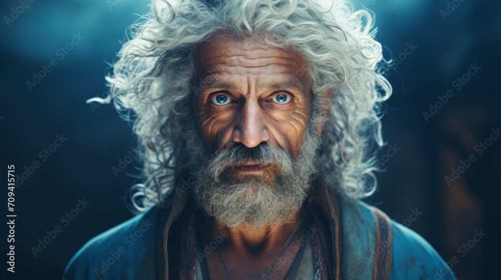 Photorealistic Old Persian Man with Blond Curly Hair Futuristic Illustration. Portrait of a person in cyberpunk style. Cyberspace Ai Generated Horizontal Illustration.