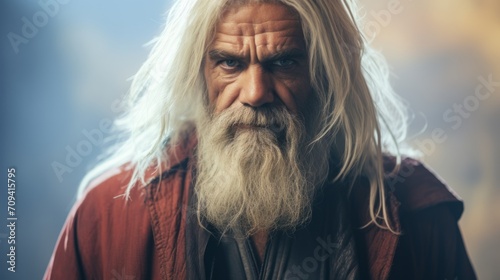 Photorealistic Old Persian Man with Blond Straight Hair Futuristic Illustration. Portrait of a person in cyberpunk style. Cyberspace Ai Generated Horizontal Illustration.
