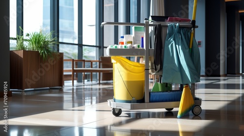 Professional janitorial cart stocked with cleaning supplies in corporate office setting photo