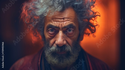 Photorealistic Old Persian Man with Brown Curly Hair Futuristic Illustration. Portrait of a person in cyberpunk style. Cyberspace Ai Generated Horizontal Illustration.