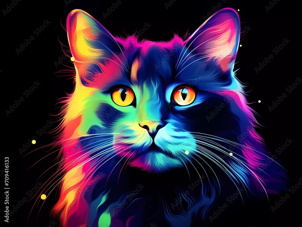 cat illustration in abstract, rainbow ultra-bright neon artistic portrait graphic highlighter lines on minimalist background. generative ai