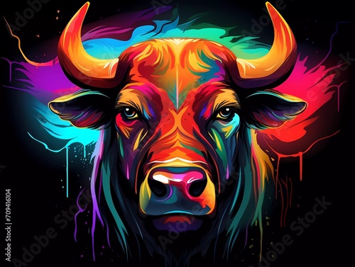 bull illustration in abstract, rainbow ultra-bright neon artistic portrait graphic highlighter lines on minimalist background. generative ai © KBL Sungkid