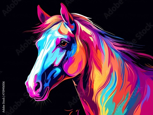 horse illustration in abstract, rainbow ultra-bright neon artistic portrait graphic highlighter lines on minimalist background. generative ai