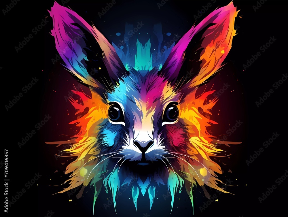 rabbit illustration in abstract, rainbow ultra-bright neon artistic portrait graphic highlighter lines on minimalist background. generative ai