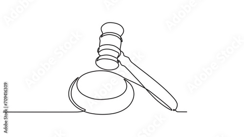Continuous one line animation. Hand drawn animated motion graphic element of judge's gavel. concept of court, lawyer, relating to the law of justice. 4k videos
