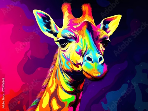 giraffe illustration in abstract  rainbow ultra-bright neon artistic portrait graphic highlighter lines on minimalist background. generative ai