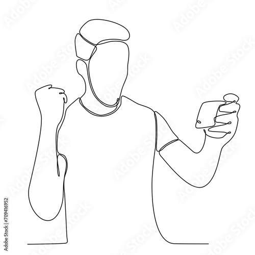 continuous line drawing of man holding mobile phone vector illustration. Continuous one line drawing. Businessman holding smartphone