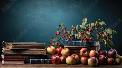 pile of books  stationery and apples on a wooden table with a minimalist background