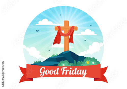 Happy Good Friday Vector Illustration with Christian Holiday of Jesus Christ Crucifixion and Pigeons in Flat Cartoon Background Design