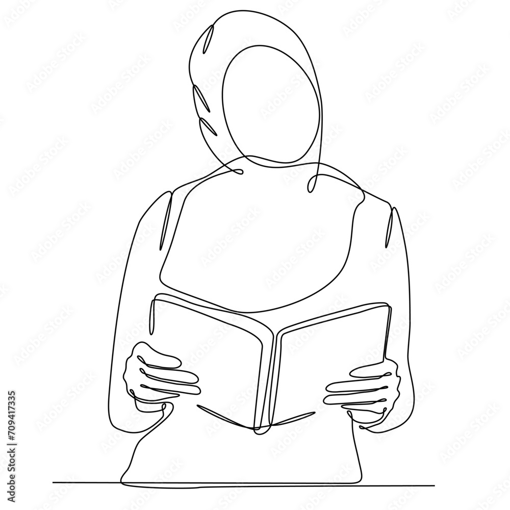 Continuous line drawing of muslim woman in hijab read quran. Vector ...