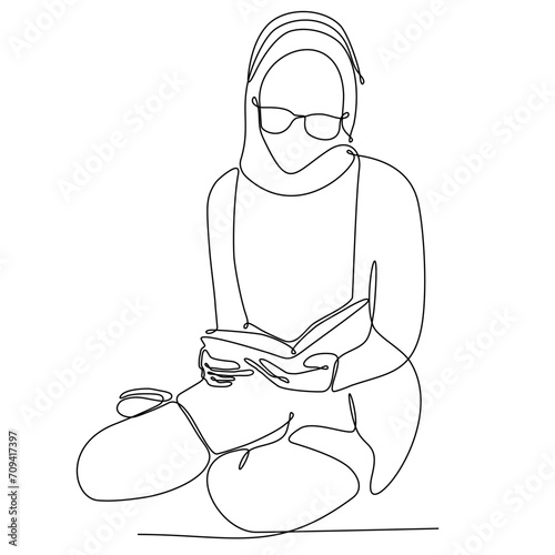 Continuous line drawing of muslim woman in hijab read quran. Vector illustration