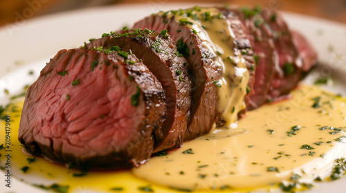 Chateaubriand, center-cut tenderloin, roasted and sliced, served with béarnaise sauce