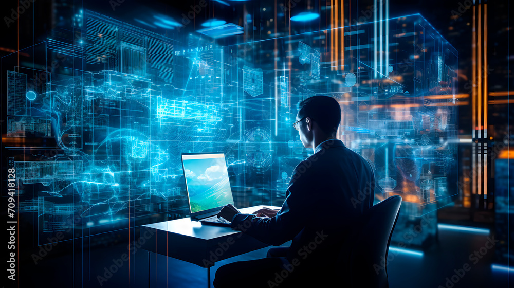 Data processing, digital technology, internet network concept. Computer programmer working on big data and programming code, cloud computing and blockchain technology concept Data processing, digital technology, internet network concept. Computer programmer working on big data and programming code, cloud computing and blockchain technology concept