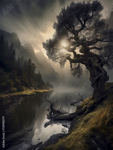 A delicate tree shrouded in river mist, witnessing the sunset. A poetic scene where nature dances to the sound of dusk.