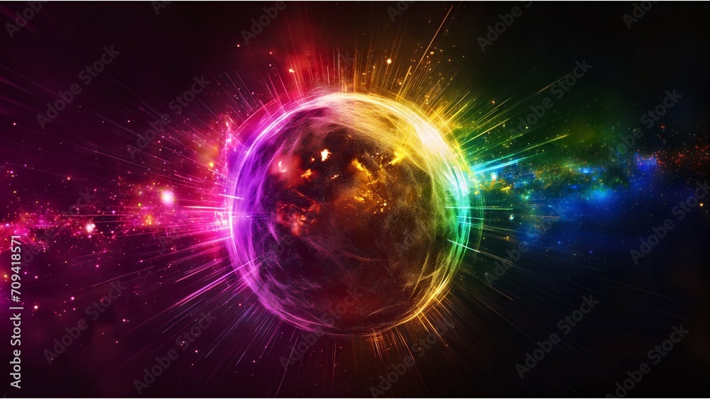 Obraz premium A sphere at the center where vivid pink and purple lights converge, emitting energy in the interstellar space of the universe. 