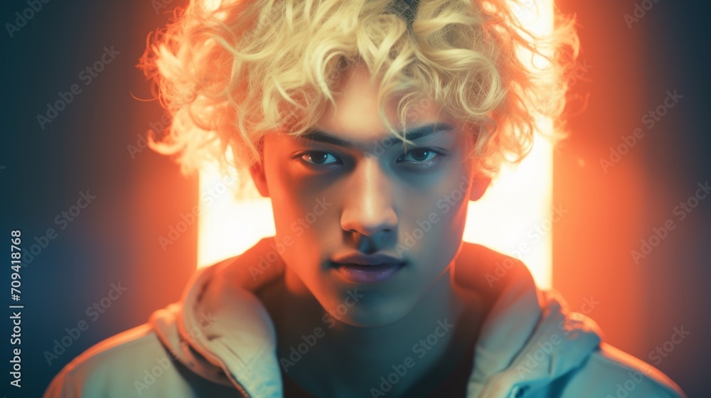 Photorealistic Teen Chinese Man with Blond Curly Hair Futuristic Illustration. Portrait of a person in cyberpunk style. Cyberspace Ai Generated Horizontal Illustration.