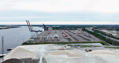 Aerial view of Jacksonville Port with cargo ships and cranes, Dames Point, Martin Marietta Marine Terminal, Florida.