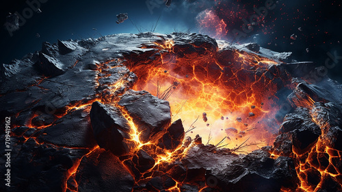 abstract planet with huge cracks with lava in space