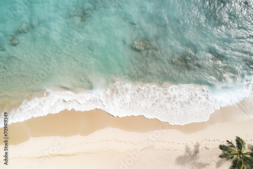 Aerial view of ocean and beach on tropical island. Summer vacation holiday background. White sand beaches and palm trees. Seascape. 