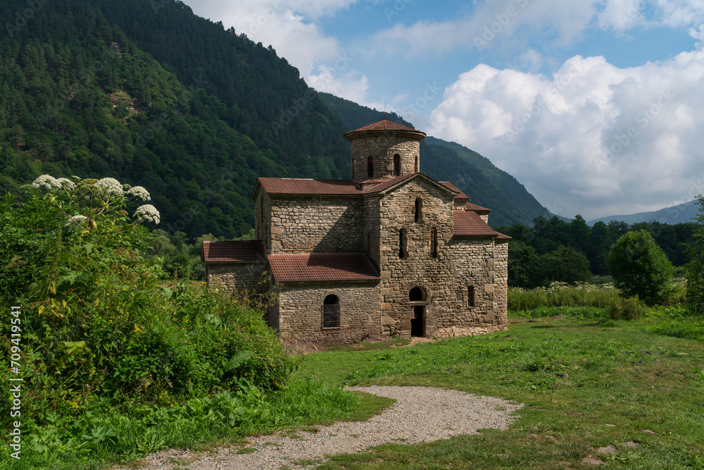 The Middle Zelenchuk Temple is an ancient Christian temple on the territory of the settlement of Nizhne-Arkhyz in the valley of the Bolshoy Zelenchuk River, Nizhny Arkhyz, Karachay-Cherkessia, Russia