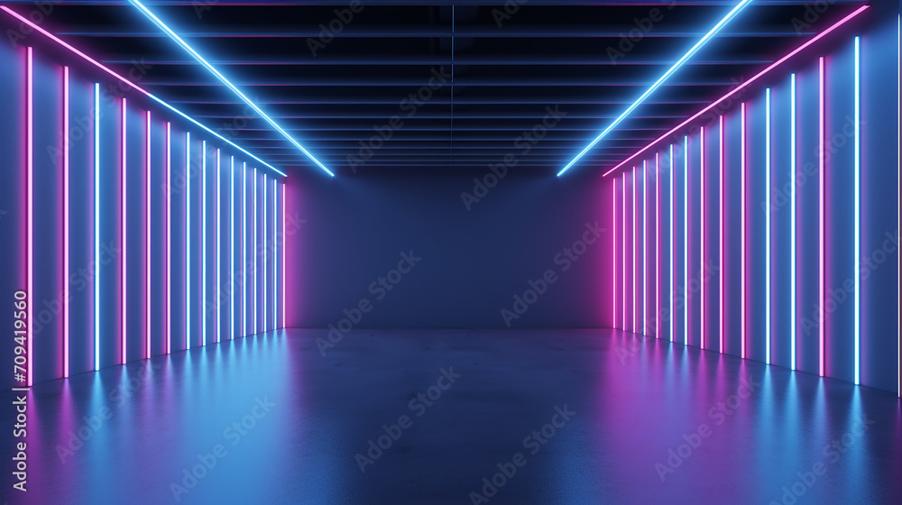 empty wall with high ceiling and long neon light 3d rendering empty wall with high ceiling and long neon light 3d rendering