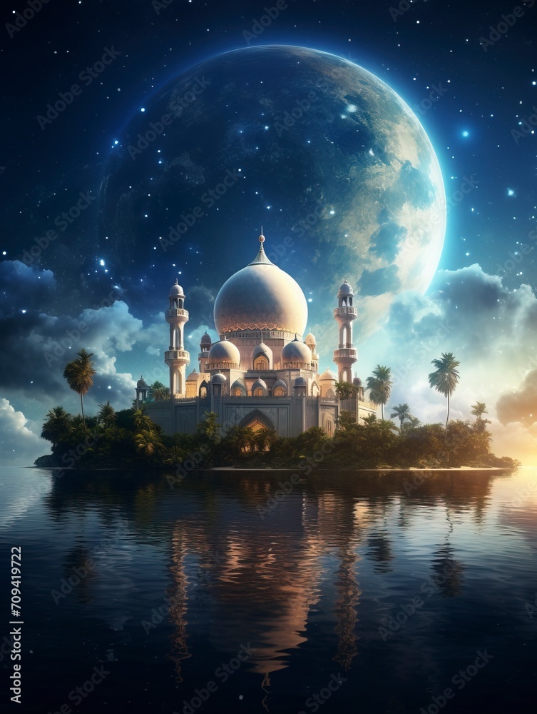 magical and surreal art image A Mosque with a majestic summer sky as a backdrop - generative ai