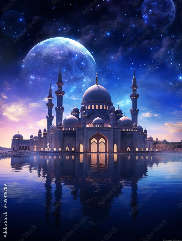 magical and surreal art image A Mosque with a majestic summer sky as a backdrop - generative ai