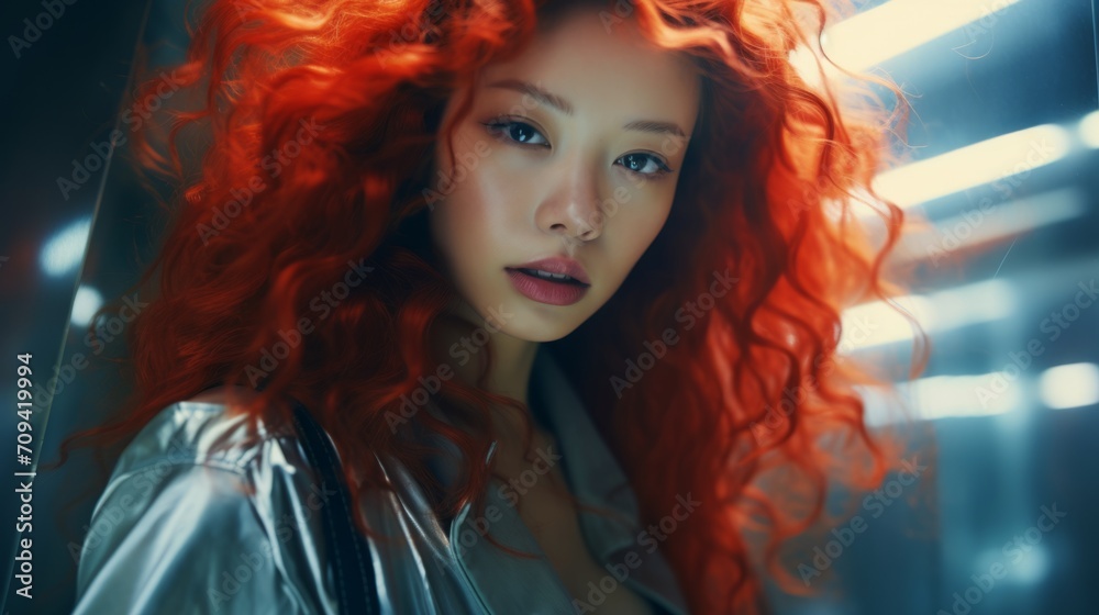 Fototapeta premium Photorealistic Teen Chinese Woman with Red Curly Hair Futuristic Illustration. Portrait of a person in cyberpunk style. Cyberspace Ai Generated Horizontal Illustration.