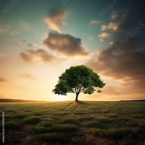 tree in field at sunset
