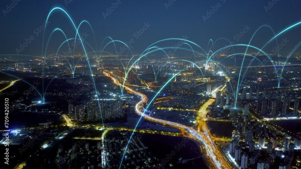 smart Connected city skyline. Futuristic network concept, city Technology