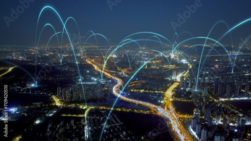 smart Connected city skyline. Futuristic network concept, city Technology
