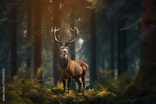 Deer, Cervus elaphus, with antlers growing on velvet.A huge deer in deep spruce forest. Wild animals in spring